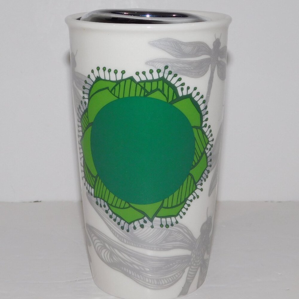 2014 Starbucks Ceramic Travel Tumbler Mug Green Lotus Silver Dragonfly Lid